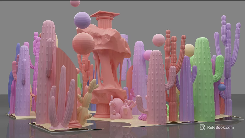 Vibrant Colorful Cacti With Spherical Ornaments And Column Structures Decor 3d model 