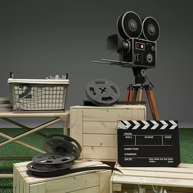 Vintage Movie Theme Decorative Ornament Set with Projector Film Reels Clapperboard and Wooden Crate 3d model 