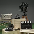 Vintage Movie Theme Decorative Ornament Set with Projector Film Reels Clapperboard and Wooden Crate