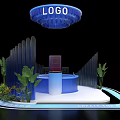 Modern Exhibition Island Design With LOGO Top Curved Structures And Green Plants