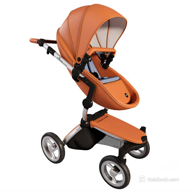 Orange Baby Stroller With Modern Design And Wheels 3d model