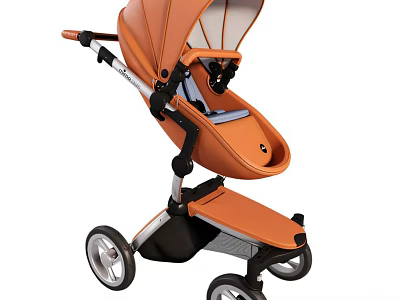 Orange Baby Stroller With Modern Design And Wheels 3d model