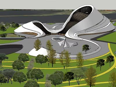 Modern Cultural Center Building with Curved Exterior and Surrounding Lush Greenery 3d model