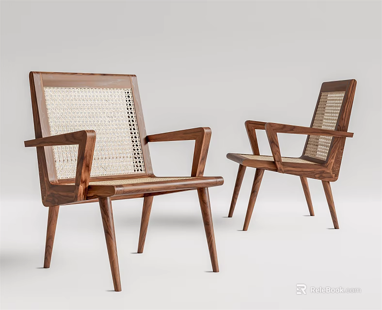 Modern Minimalist Accent Chair with Wooden Frame and Rattan Weave for Living Room Decor 3d model 