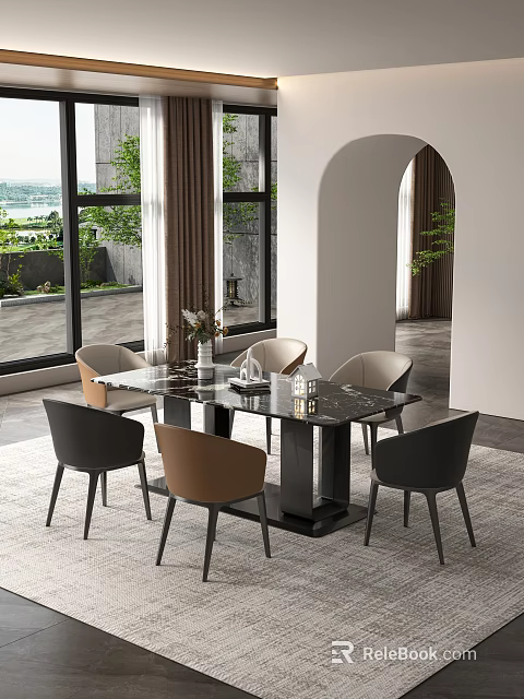 Contemporary Dining Room Interior With Marble Table Mixed Chairs Large Windows Rug And Vase Decor 3d model 