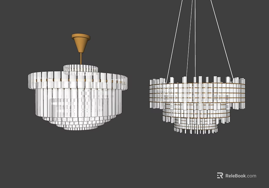 White Modern Layered Crystal Chandeliers With Transparent Elements And Hanging Design 3d model
