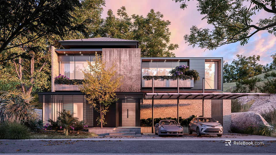 Modern Single-family House With Large Glass Windows Second-floor Balcony Planters Cars Surrounding Trees Sunset Sky 3d model 