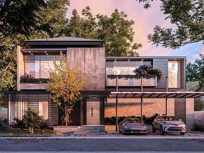 Modern Single-family House With Large Glass Windows Second-floor Balcony Planters Cars Surrounding Trees Sunset Sky 3d model