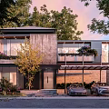 Modern Single-family House With Large Glass Windows Second-floor Balcony Planters Cars Surrounding Trees Sunset Sky