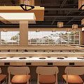 Modern Restaurant Interior With Long Bar Wooden Chairs Pendant Lights Red Decorations Window Views