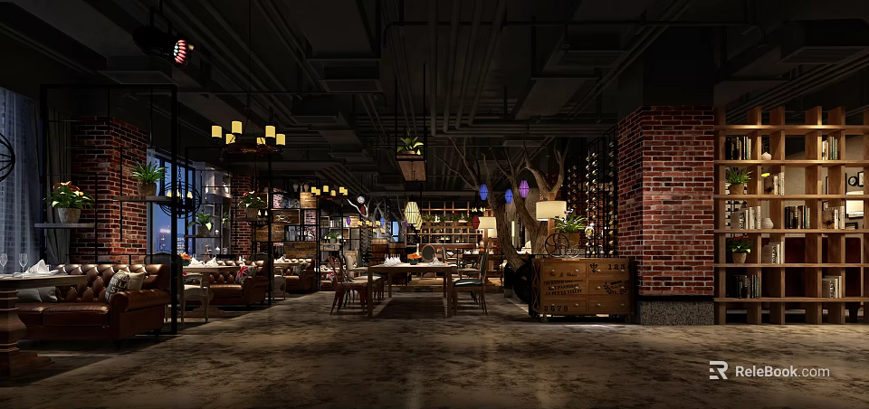 Industrial Style Restaurant Interior With Brick Walls Hanging Lights And Green Plants 3d model 