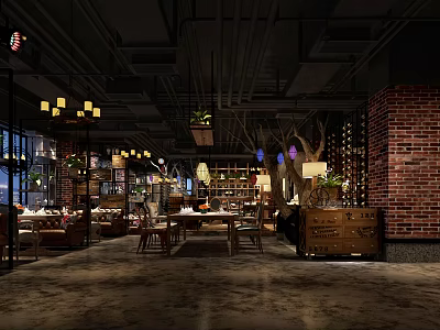 Industrial Style Restaurant Interior With Brick Walls Hanging Lights And Green Plants 3d model