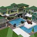 Detached Villa with Green Roof Yellow Exterior Swimming Pool Terrace and Lush Plants