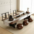 Classic Chinese Wooden Tea Table And Chairs With Teapot Set And Brown Stools In Interior