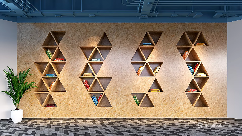 Modern Wall Mounted Triangular Bookshelves With Colorful Books And Interior Decor 3d model 