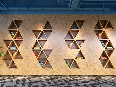 Modern Wall Mounted Triangular Bookshelves With Colorful Books And Interior Decor 3d model