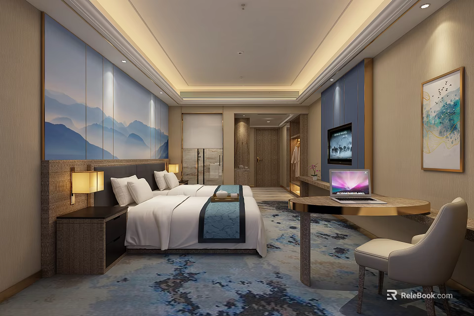Modern Hotel Guest Room With Large Bed Mountain Landscape Backdrop And Writing Desk 3d model 