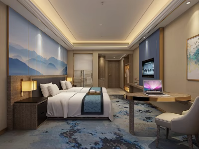 Modern Hotel Guest Room With Large Bed Mountain Landscape Backdrop And Writing Desk 3d model