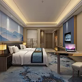 Modern Hotel Guest Room With Large Bed Mountain Landscape Backdrop And Writing Desk