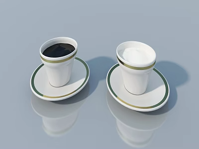 White Cups And Saucers With Black White Liquid Green Gold Rim On Gray Smooth Surface 3d model