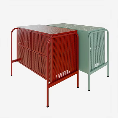 Modern Red and Green Console Cabinet Side Cabinet with Metal Frame Perforated Panel Design 3d model