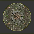 Outdoor Bonfire with Burning Wood Logs and Stone Circle Surrounded by Grass and Fallen Leaves