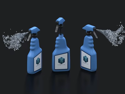 Display Shelves Showcasing Blue Spray Bottles And Liquid Spray Effects 3d model