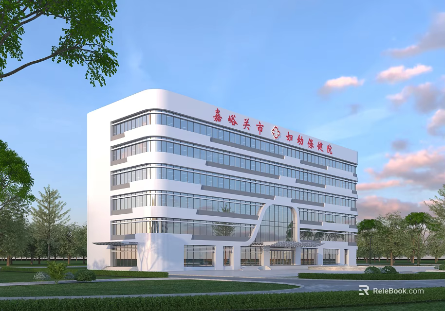 Modern Hospital Building Exterior Design With Green Trees And Clear Sky 3d model 