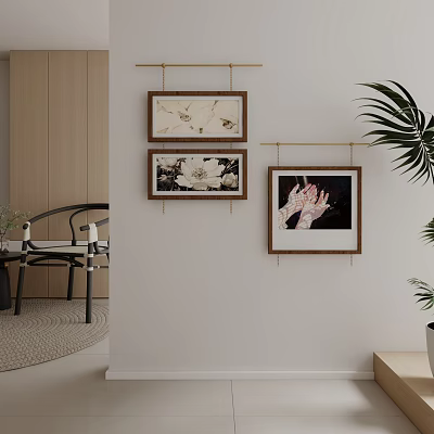 Abstract Painting in Wooden Frame Hanging Modern Interior White Wall with Palm Plant Decor 3d model