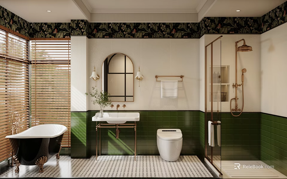 Elegant Vintage Bathroom With Green Tiles White Walls Wooden Blinds Bathtub And Shower 3d model 