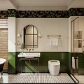 Elegant Vintage Bathroom With Green Tiles White Walls Wooden Blinds Bathtub And Shower