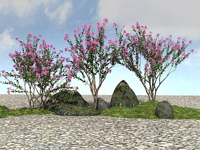 Arbor Trees With Pink Flowers Surrounded By Stones And Green Grass On Gravel Ground 3d model