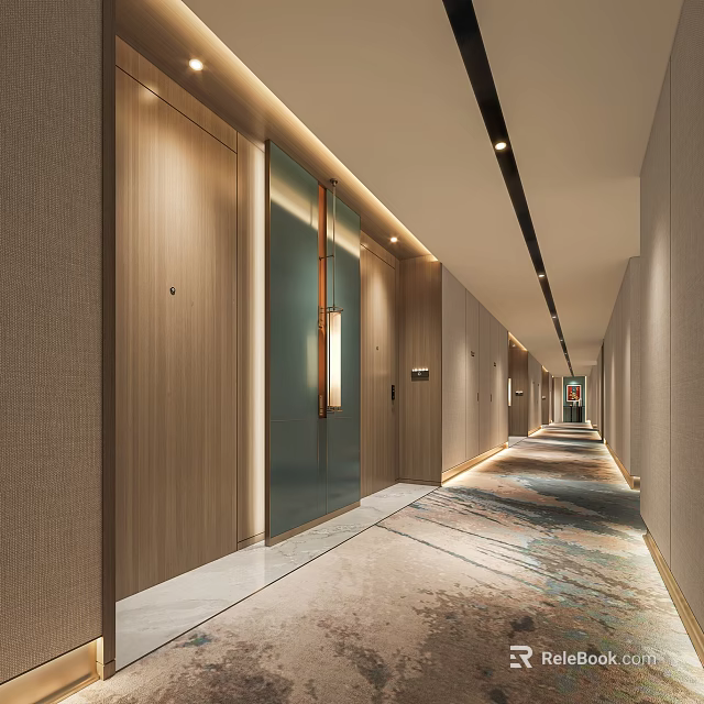 Modern Elegant Hotel Corridor With Wooden Walls Recessed Lighting Elevator Doors And Patterned Carpet 3d model 