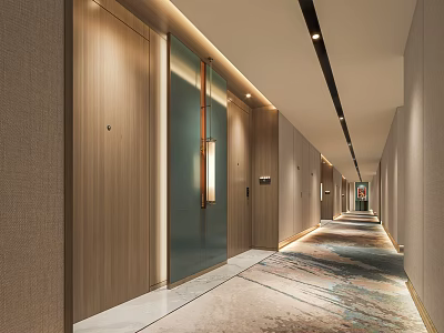 Modern Elegant Hotel Corridor With Wooden Walls Recessed Lighting Elevator Doors And Patterned Carpet 3d model