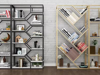 Stylish Modern Geometric Bookshelf With Black Gold Frame Books Decorative Items And Plants 3d model