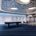 Elegant Billiard Room With Two Tables Blue Striped Carpet And Golden Bar Counter