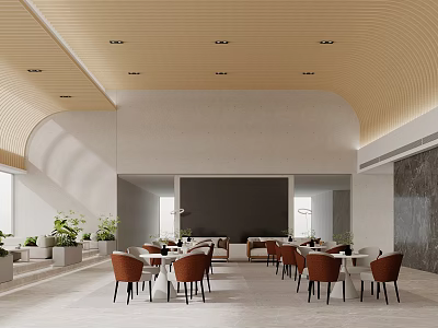 Modern Sales Office Interior With Curved Ceiling Light Wooden Decor Marble Flooring And Green Plants 3d model