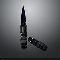 Metallic Bullet with Blue Sharp Tip and Detached Cartridge Case on Dark Reflective Surface
