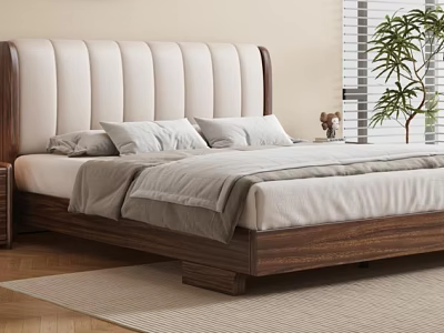 Modern Bedroom Interior With Upholstered Headboard Wooden Frame Gray Bedding White Pillows And Plant 3d model