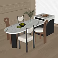 Modern Dining Room Table And Chair Set With Marble Top Black Legs White Cushioned Chairs