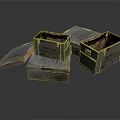 Worn Metal Boxes With Open And Closed Lids And Surface Text Details
