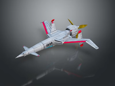 Futuristic Silver Model Airplane With Red Wing Accents And Yellow Propellers 3d model