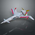 Futuristic Silver Model Airplane With Red Wing Accents And Yellow Propellers