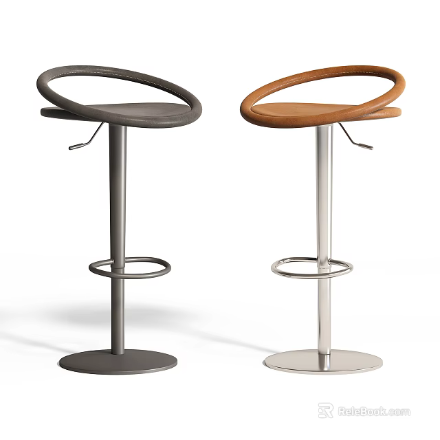 Modern Design Bar Stools With Gray And Brown Curved Backrest Metal Base And Footrest Ring 3d model 