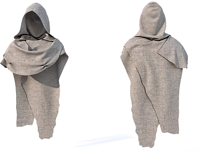 Hooded Gray Knitted Cape With Two Different Views On White Background 3d model