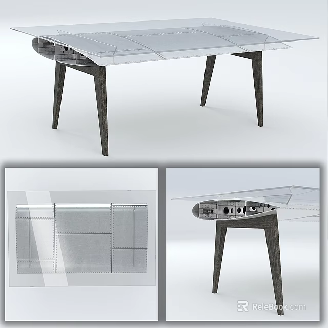 Contemporary Modern Table Featuring Transparent Glass Top And Dark Wooden Legs Design 3d model 