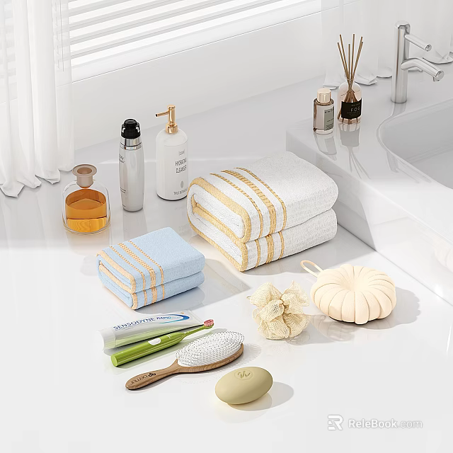 Complete Set of Bathroom Accessories Featuring Striped Towels Loofah Toothbrush Soap And Wooden Brush 3d model 