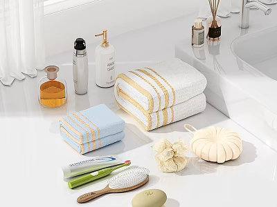 Complete Set of Bathroom Accessories Featuring Striped Towels Loofah Toothbrush Soap And Wooden Brush 3d model