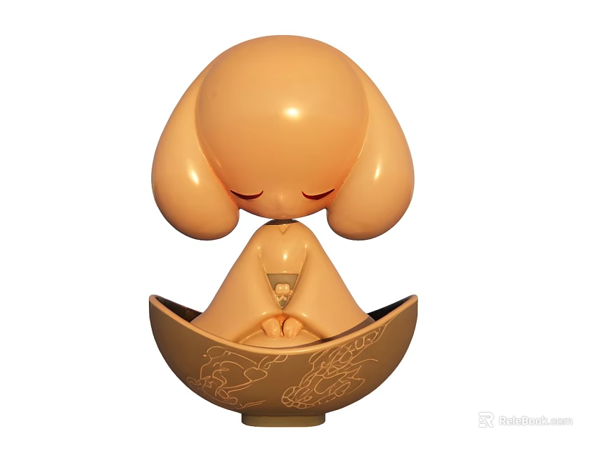 Orange Puppy Like Figure With Large Ears Closed Eyes On Bowl Shaped Base With Patterns 3d model 