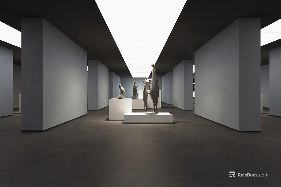 Modern Exhibition Hall Interior Design With Sculptures On White Pedestals And Skylights 3d model 